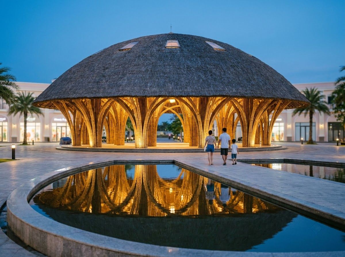 巨大的圓頂展館由編織竹拱搭建而成,內部亮起金色燈光,在藍調時刻倒映於平靜的池面,前方小徑上有一家人正在散步