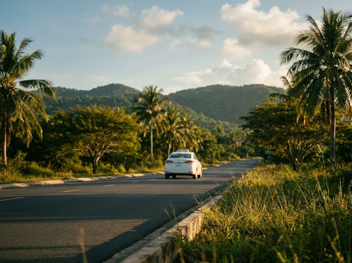 Two-lane coastal road through tropical greenery on Phu Quoc in late-afternoon light
