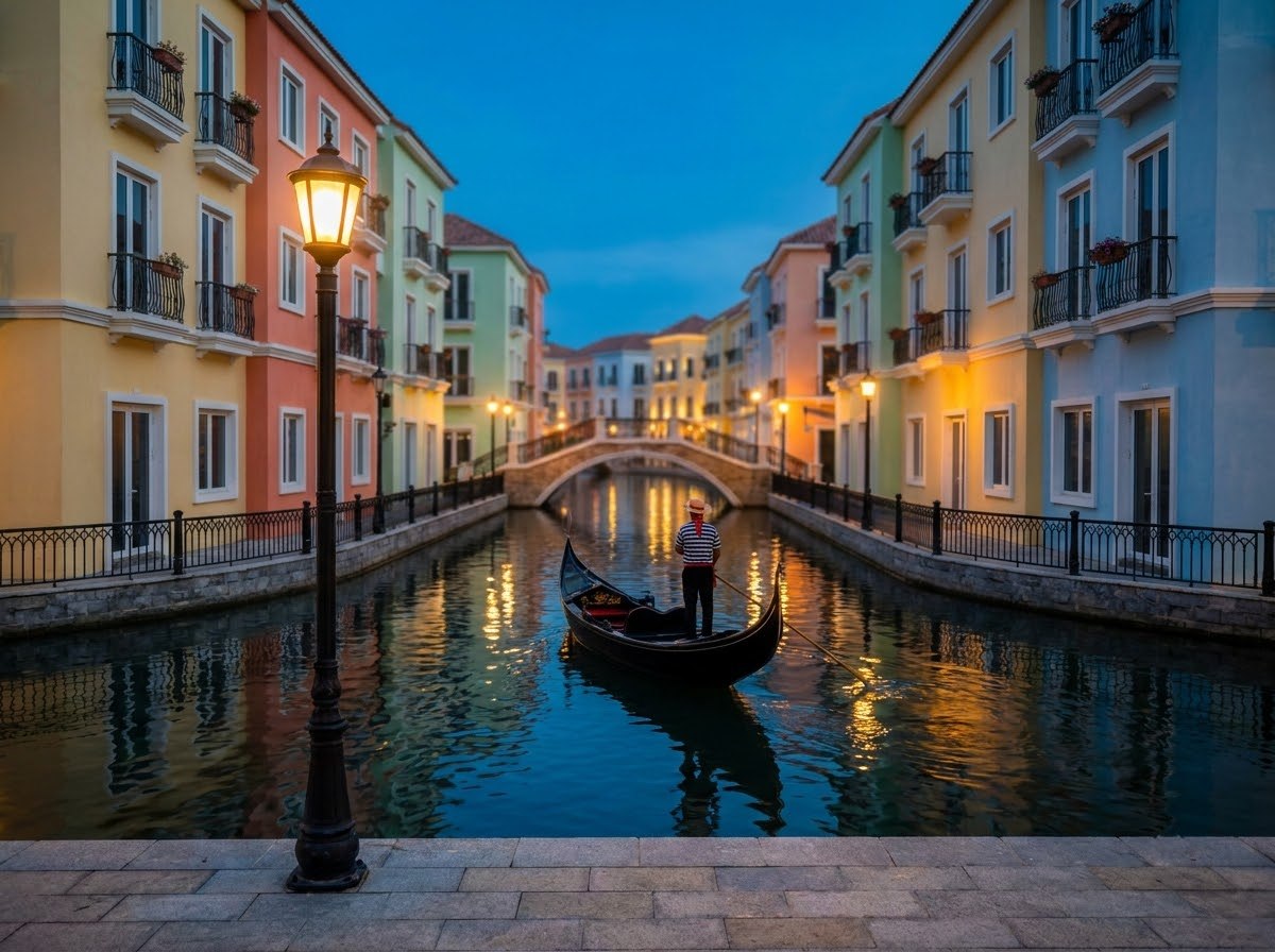 Canal lined with colourful European-style facades and a gondola at dusk
