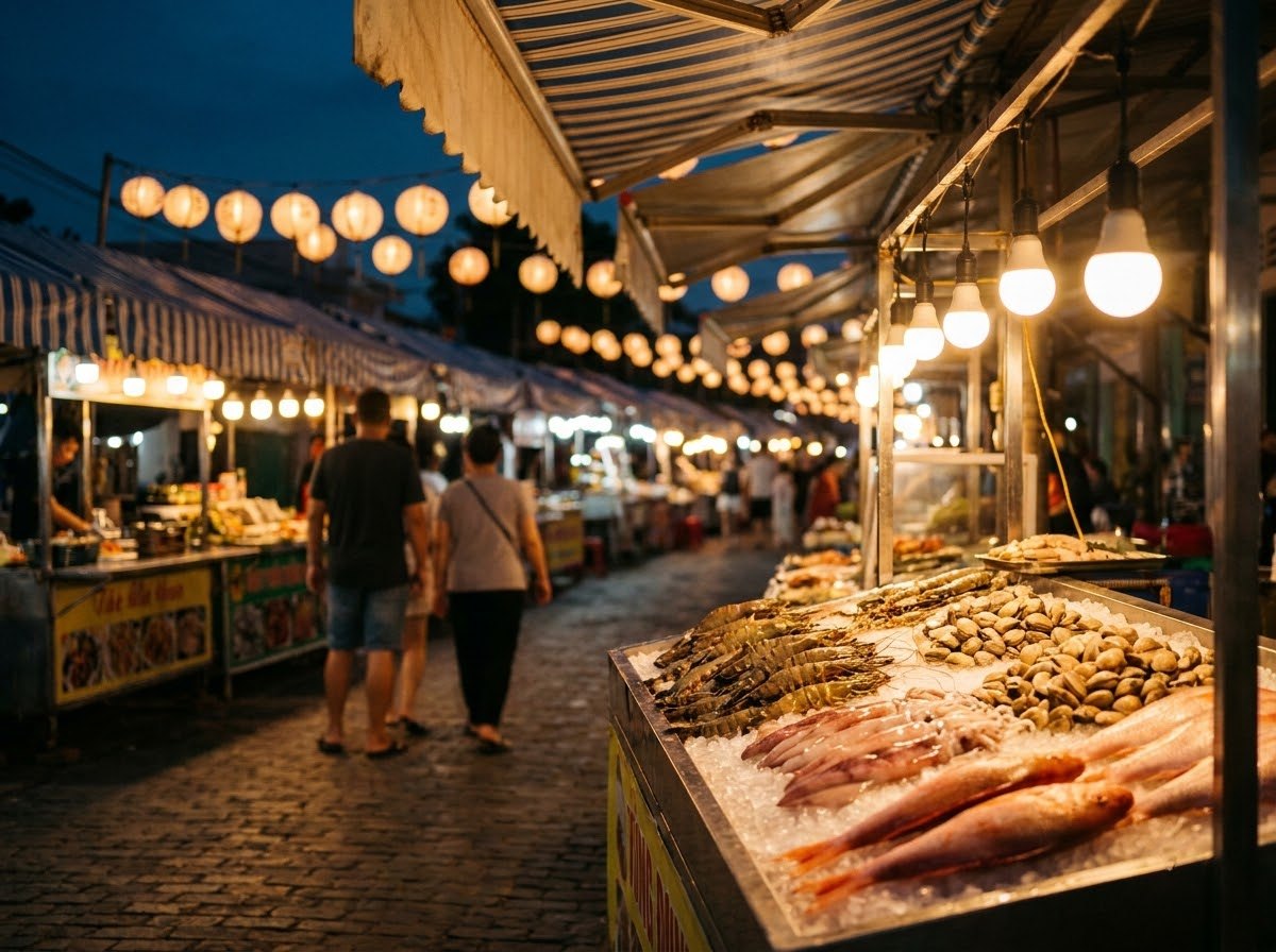 Busy night market street with food stalls, lanterns and seafood on ice