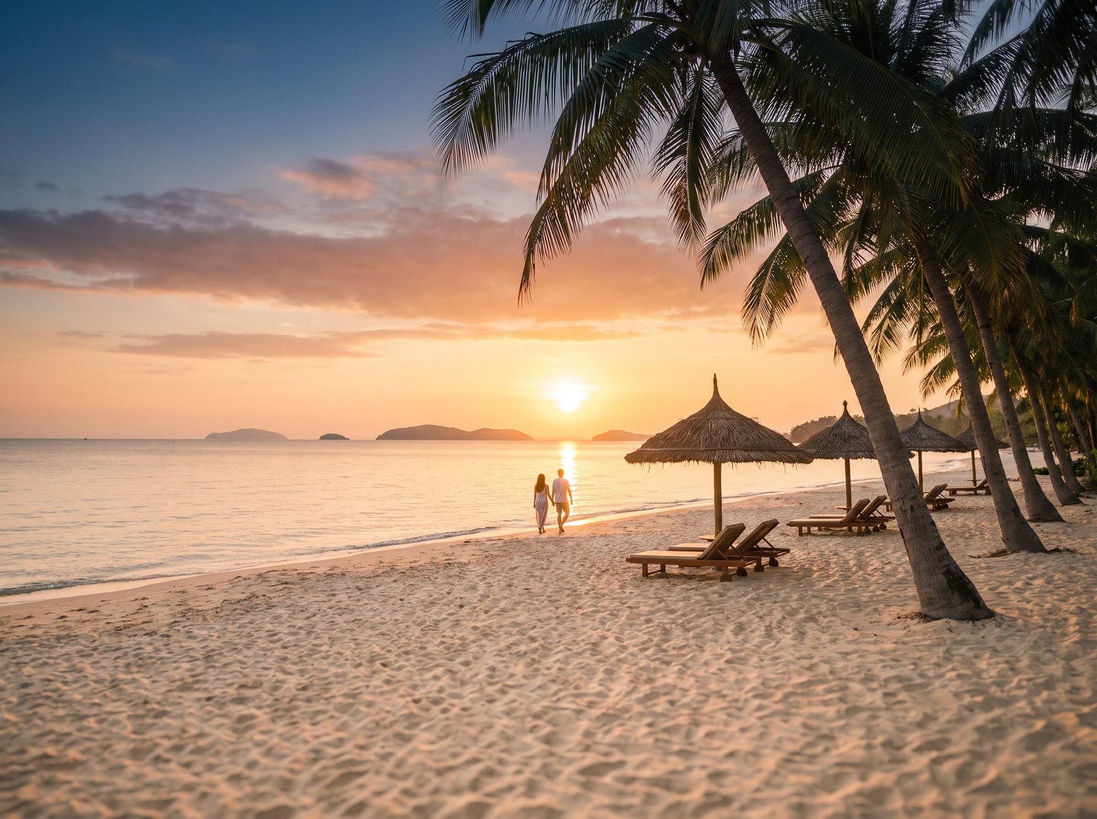 Long sandy beach with palm trees and loungers at sunset, the sea flat and golden